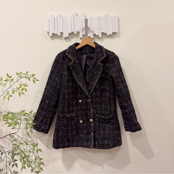 J.ING Abbas Black Double-Breasted Tweed Coat Jacket Blazer Size Small NWT - Picture 7 of 11